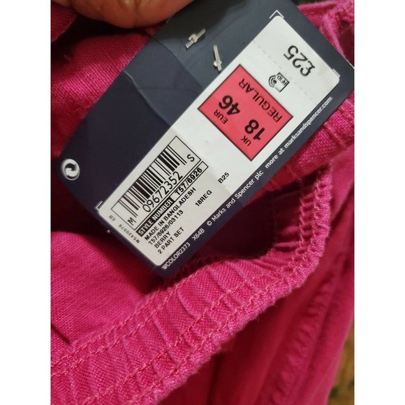 M&S Collection Women Pink 100% Linen Mid Rise Pull On Wide Legs Regular Pants 18 - Picture 7 of 12